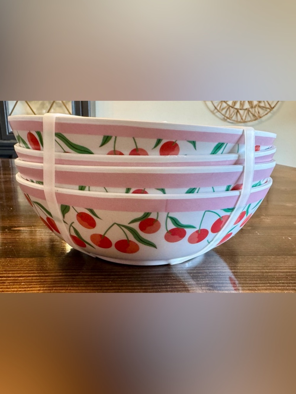 NWT Nicole Miller Pink Cherry Stripe Melamine Bowl Set of 4